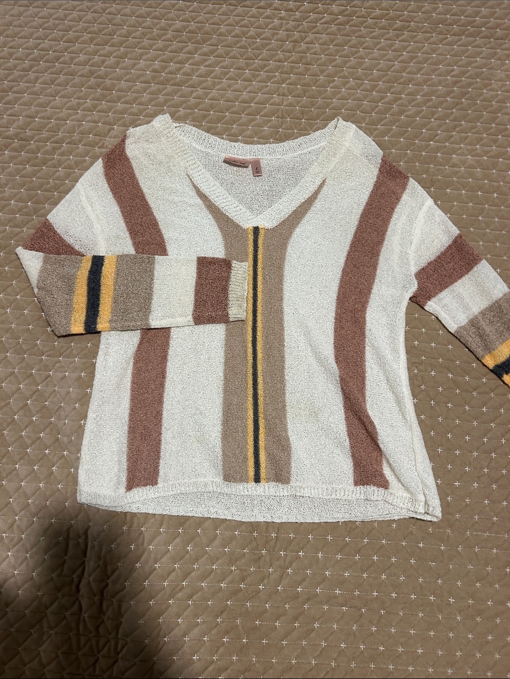 Lightweight V-Neck Striped Sweater - Cream with Brown & Mustard Accents